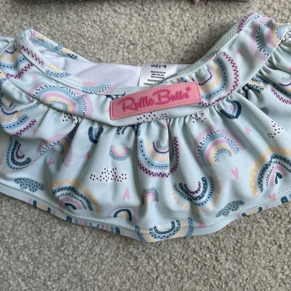 Ruffle Butts 'Chase the Rainbow' 2 Piece Skirted Swimsuit Baby Girl Size 6-12mo